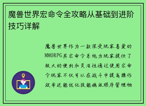 魔兽世界宏命令全攻略从基础到进阶技巧详解
